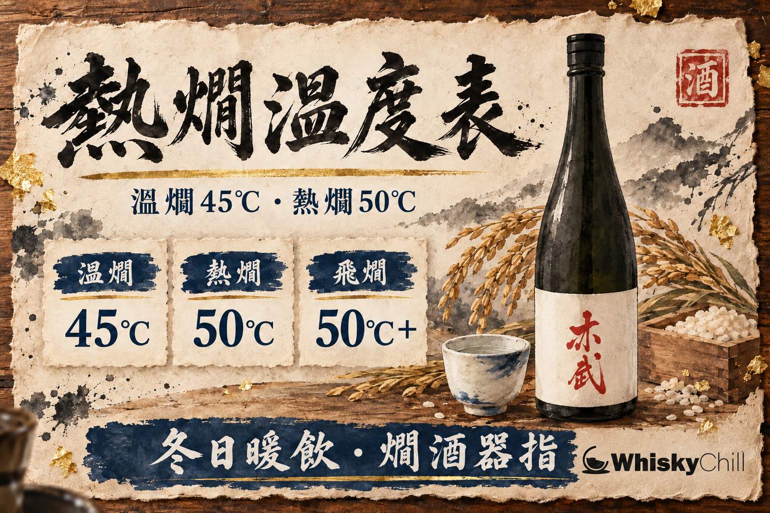 冬日暖光下,一隻德利浸喺熱水鍋入面,旁邊放住漆器同陶器熱酒杯
