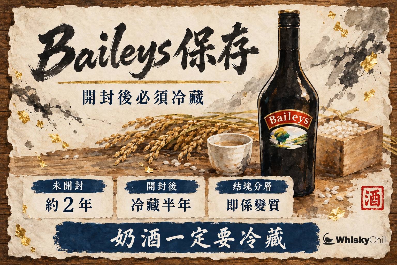 雪櫃門架內直立擺放嘅 Baileys 原味奶酒,旁邊一隻加咗冰嘅玻璃杯盛住乳白色奶酒