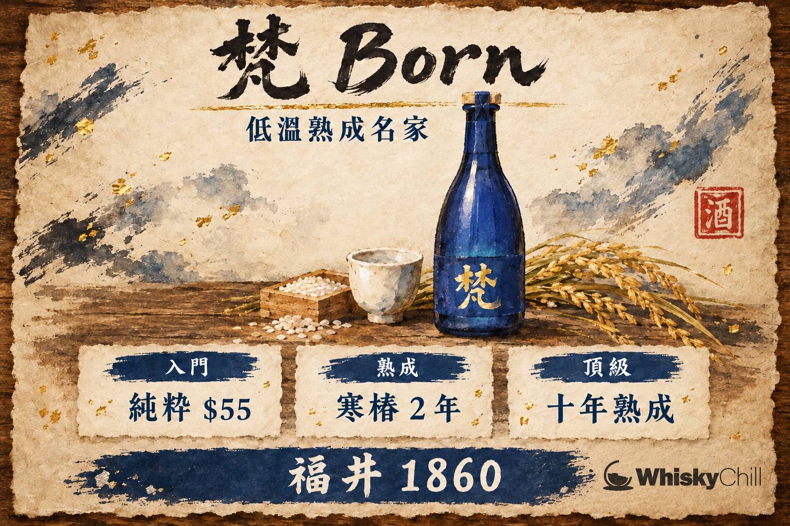 梵 Born 清酒系列酒瓶並排,琥珀色熟成酒液倒入玻璃杯