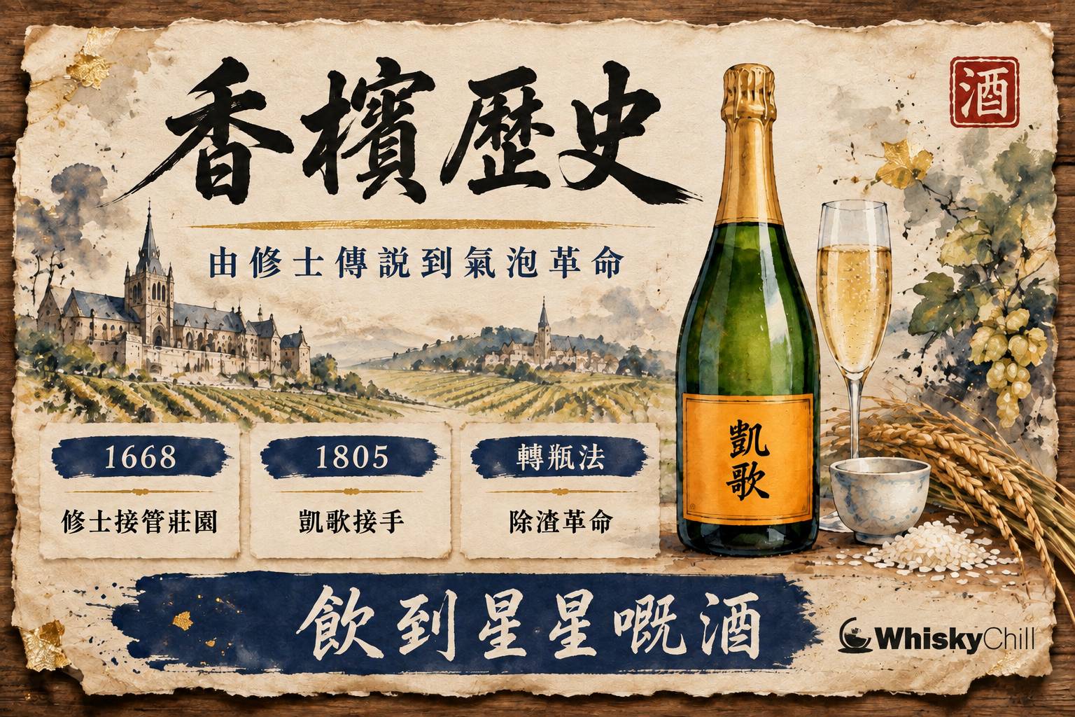 香檳區葡萄園與酒窖中陳年嘅香檳瓶,金色氣泡喺杯中升起