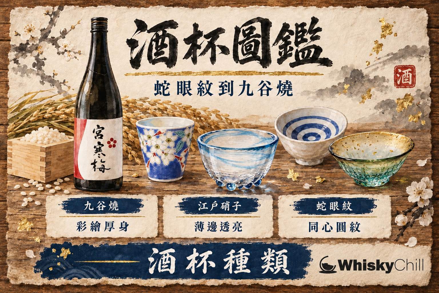 木枱上並排多款猪口杯,白磁蛇眼紋、九谷燒彩繪、江戶硝子玻璃盃與錫杯,旁放一支清酒