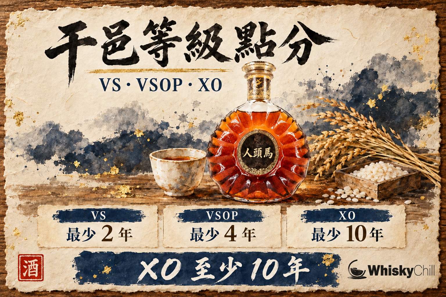 人頭馬干邑瓶與鬱金香形干邑杯琥珀色酒液嘅深色木桌靜物