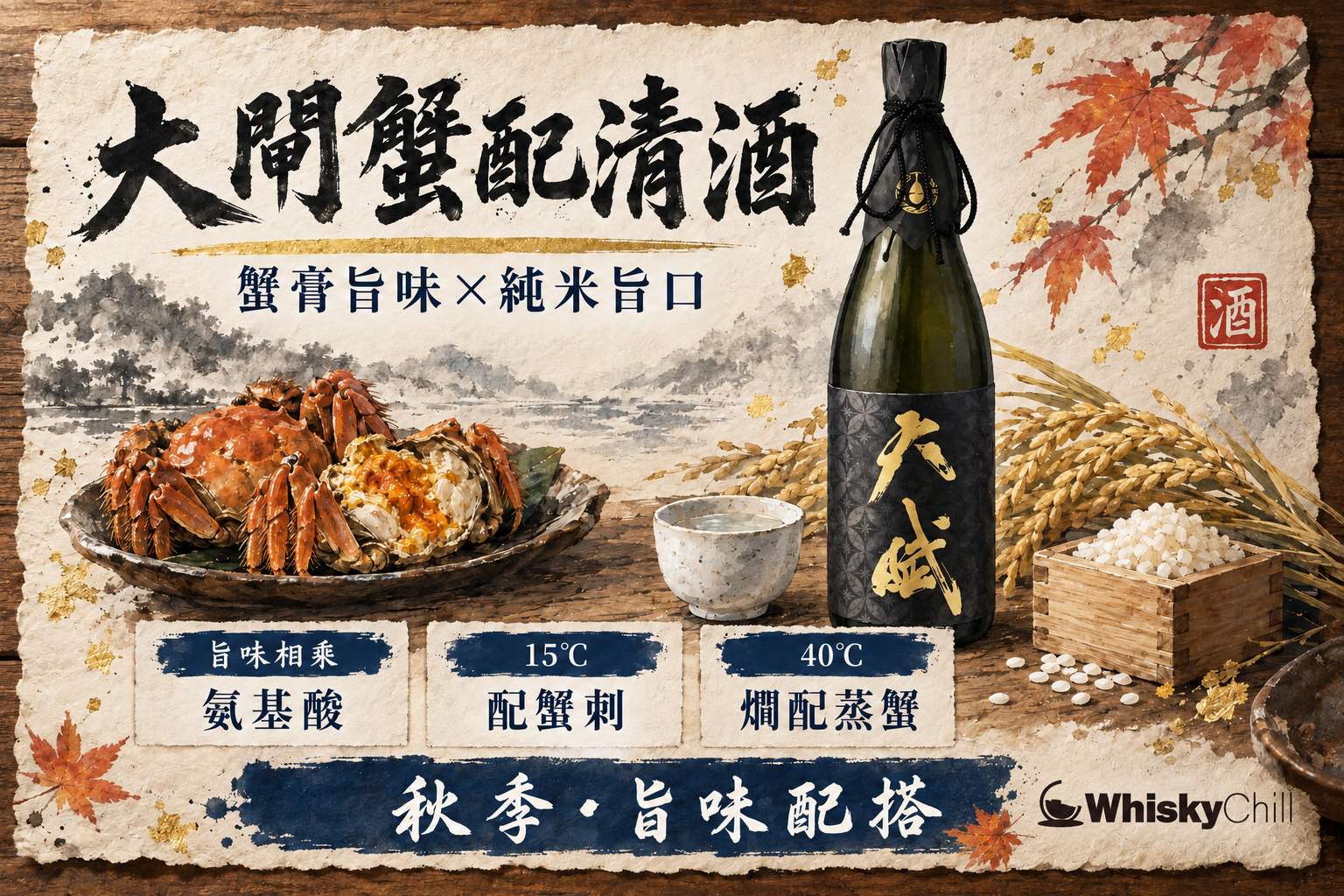 蒸好嘅大閘蟹放喺竹籠上面,旁邊有一壺清酒同小酒杯,背景係秋日暖色餐桌