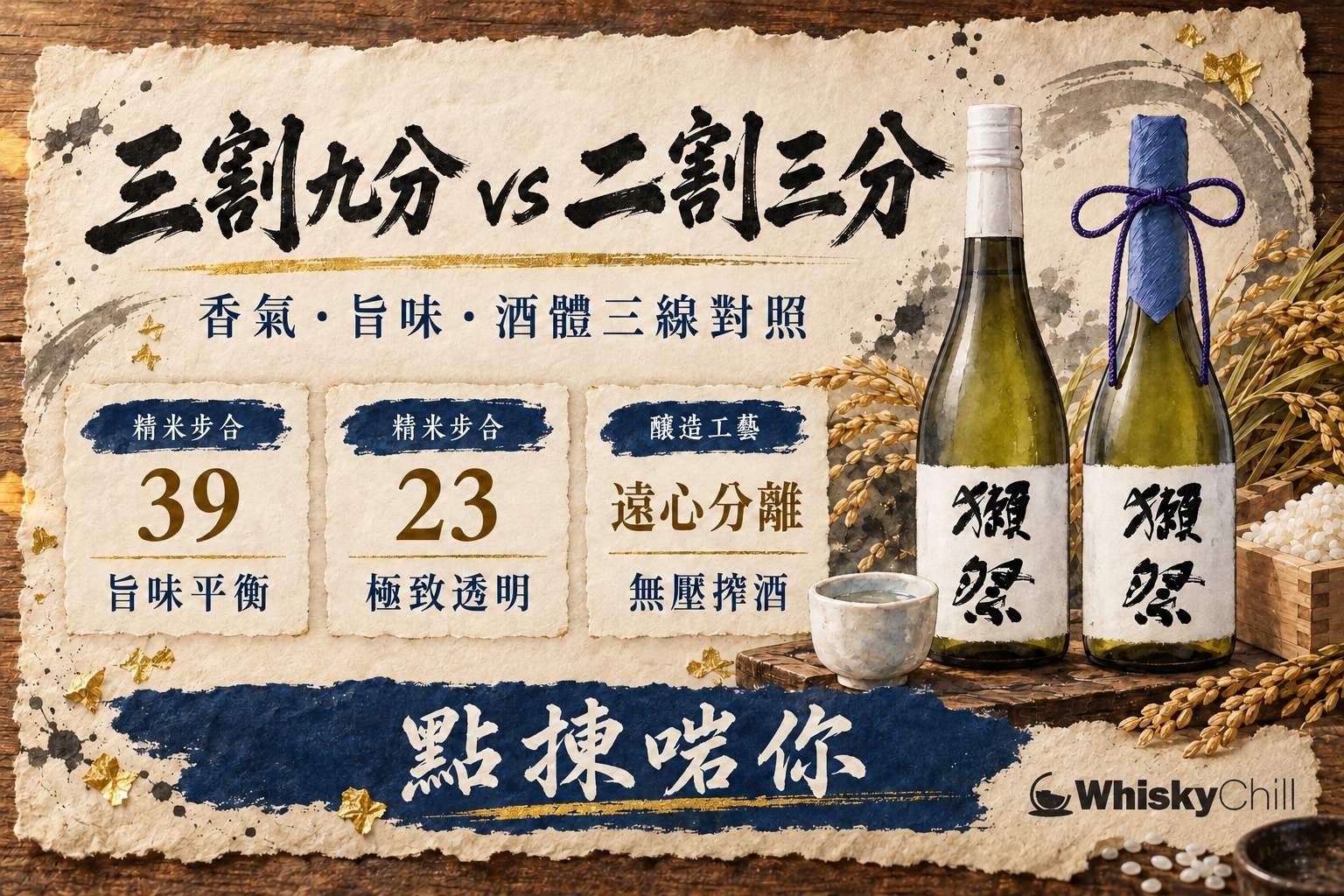 獺祭三割九分與二割三分兩支酒並排對比,手繪酒造手帖風格