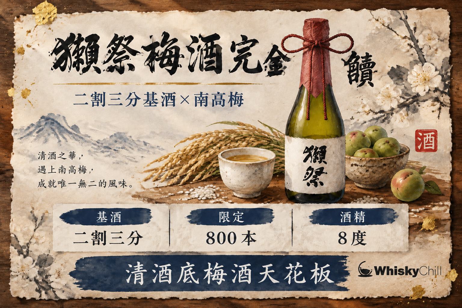 獺祭梅酒 720ml 瓶身與南高梅靜物