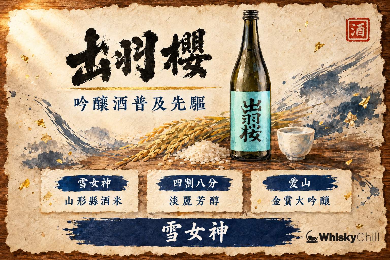 出羽櫻雪女神四割八分純米大吟釀與出羽燦々並排,背景為山形縣雪景與櫻花意象