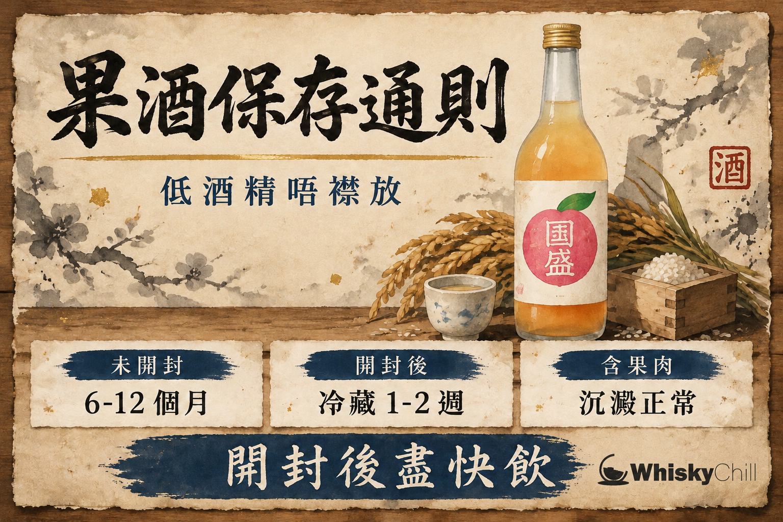 雪櫃內層直立擺放嘅梅乃宿細果粒柚子酒同國盛桃酒,旁邊放有荔枝同白桃等新鮮水果