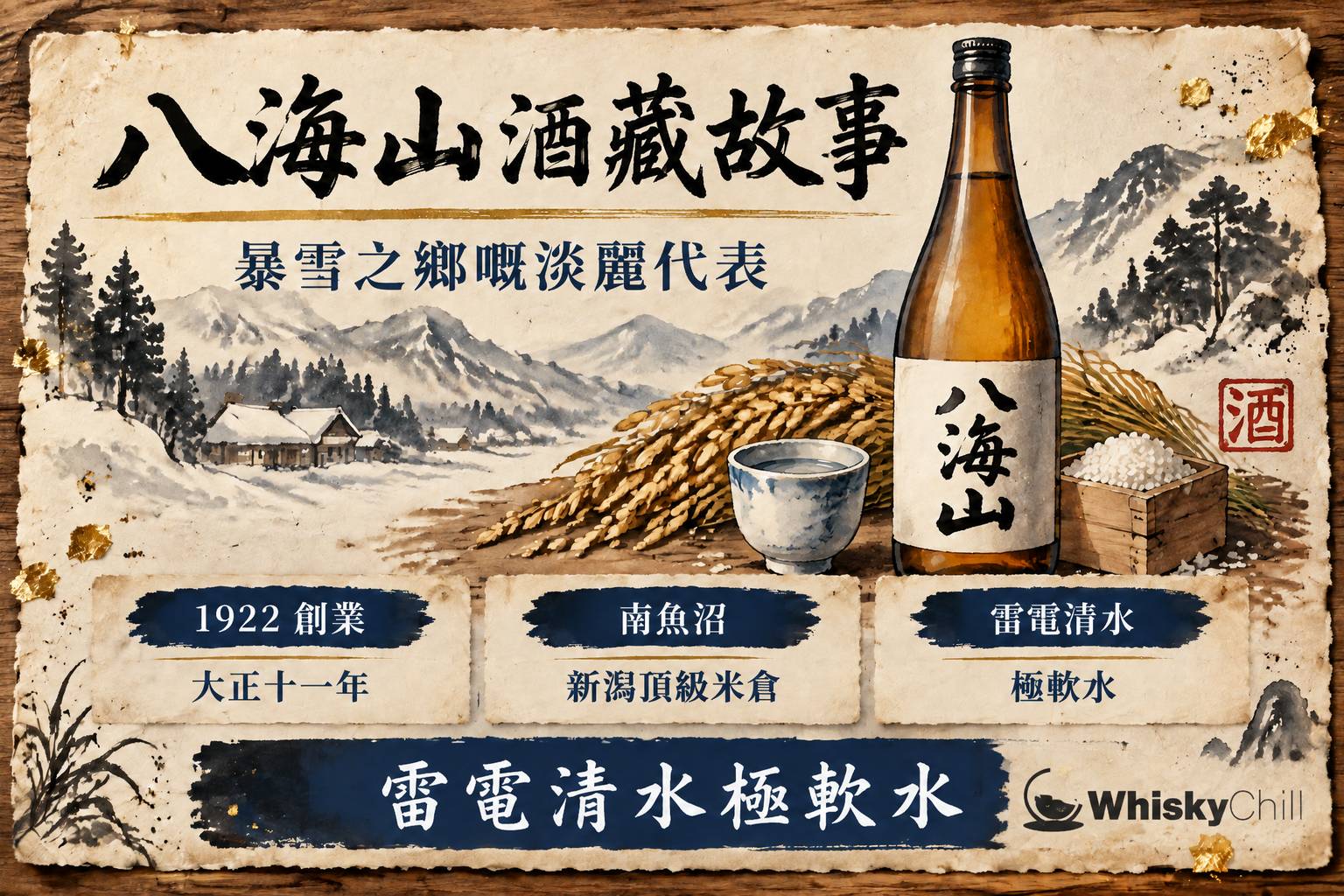 八海山清酒瓶與雪景山脈,手繪酒造手帖風格