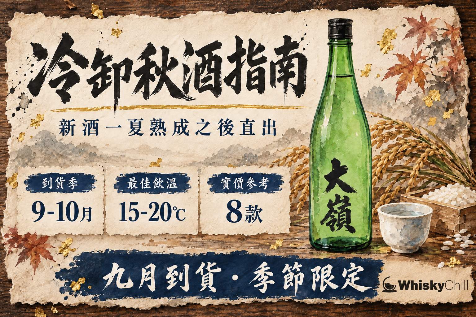 木枱上放住一支冷卸清酒同半滿嘅酒杯,背景係秋天紅葉同暖黃燈光