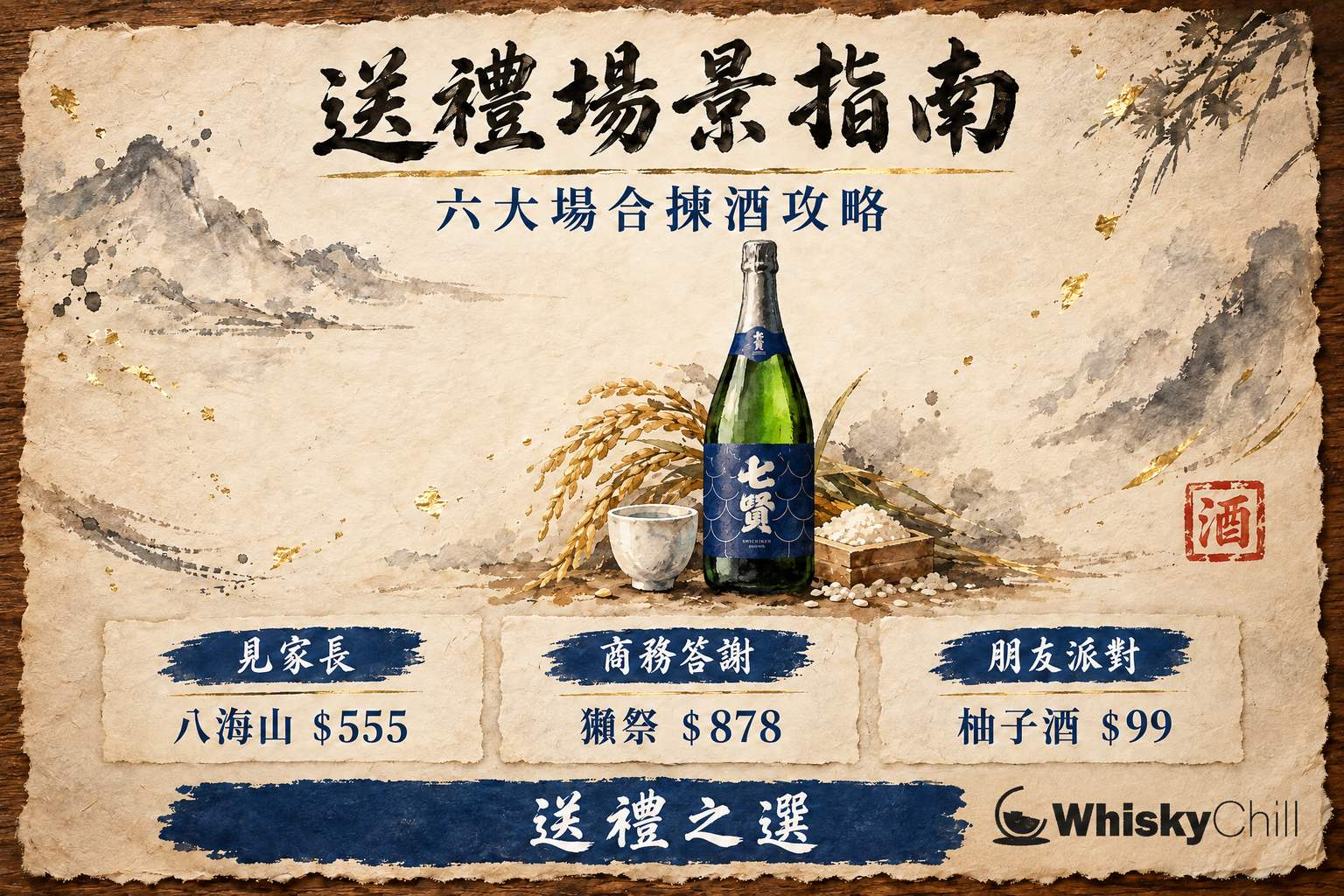 木枱上並排擺放清酒禮盒、威士忌同漆器酒杯,旁邊有包裝紙同賀卡,暖色燈光嘅送禮場景