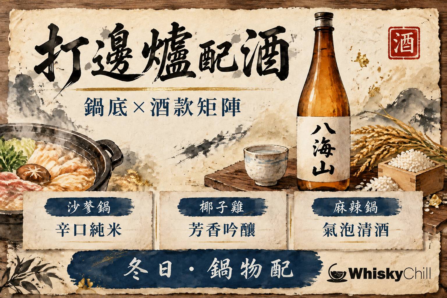 熱氣騰騰嘅火鍋枱面上放住幾款清酒同酒杯,背景係秋冬夜晚嘅朋友聚餐場景