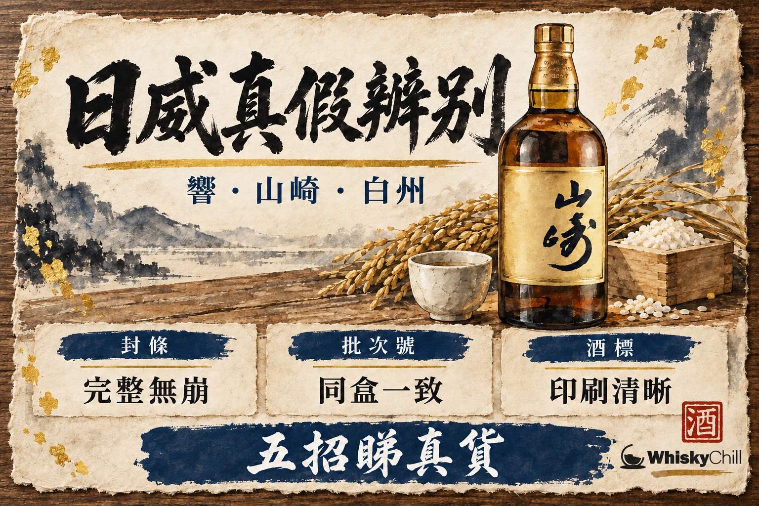 木桌上近距離展示山崎威士忌禮盒套裝嘅酒標、封條同批次號細節,自然天窗光