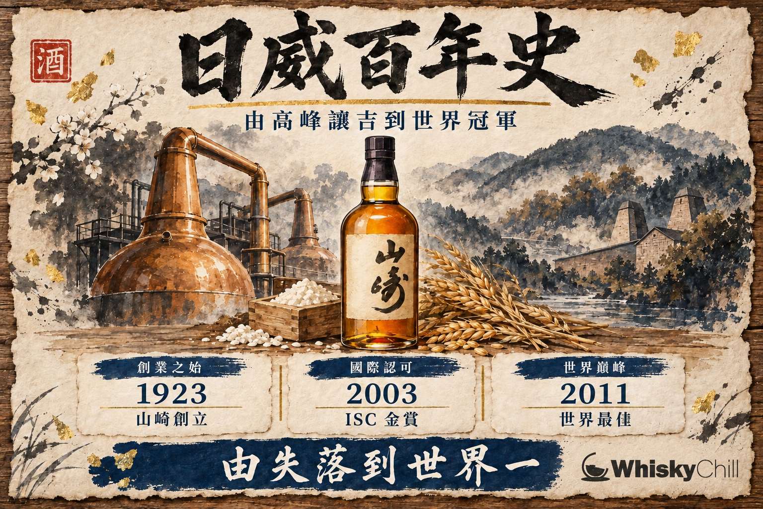 山崎威士忌酒瓶置於木枱上,琥珀色酒液透出溫暖光澤