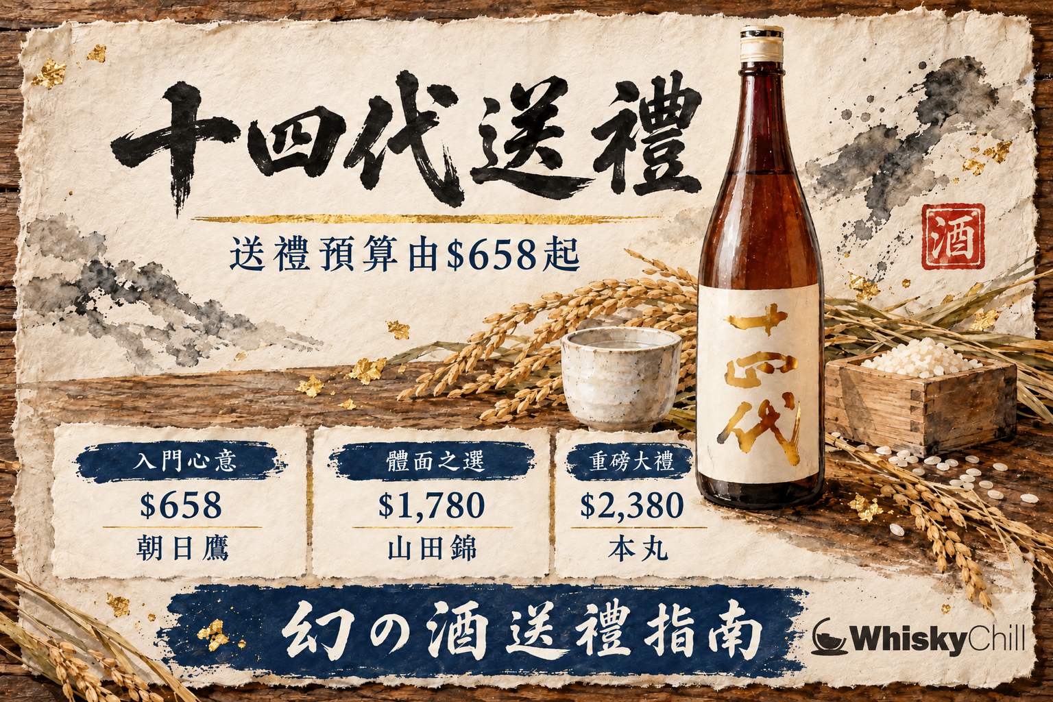金色酒標嘅十四代清酒瓶配上禮盒絲帶,擺喺木枱上嘅送禮場景