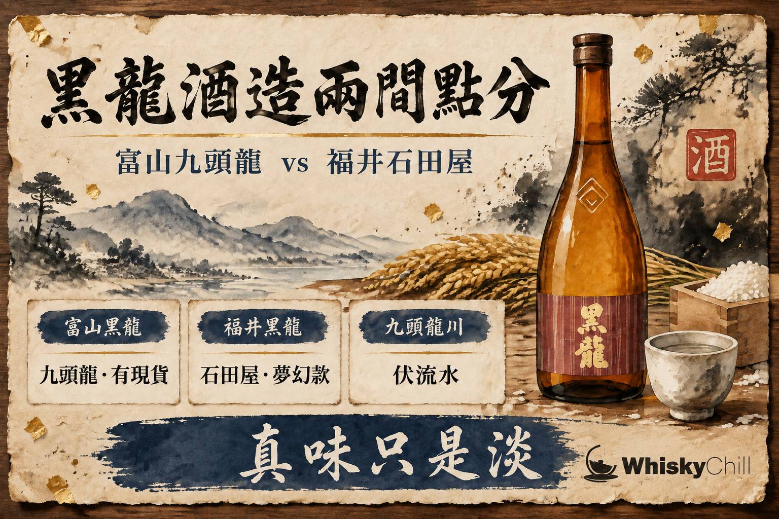 黑龍與九頭龍清酒瓶與酒杯,手繪酒造手帖風格