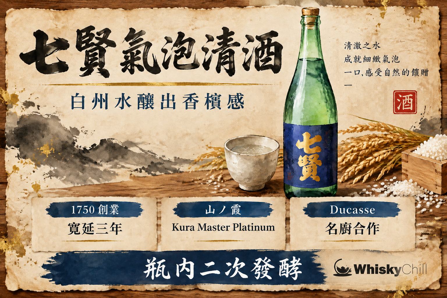 七賢氣泡清酒倒入香檳杯,杯中細密氣泡,手繪酒造手帖風格