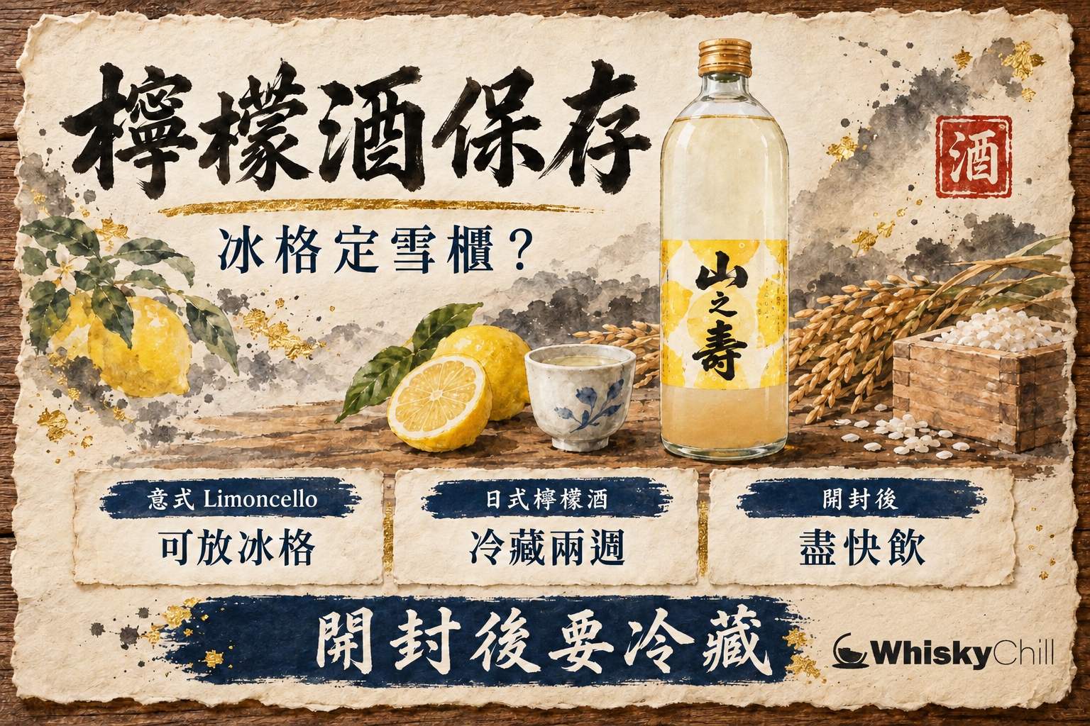 冰格取出嘅磨砂玻璃瓶 Limoncello 同兩隻急凍小酒杯,旁邊放有新鮮檸檬同刨出嘅檸檬皮卷