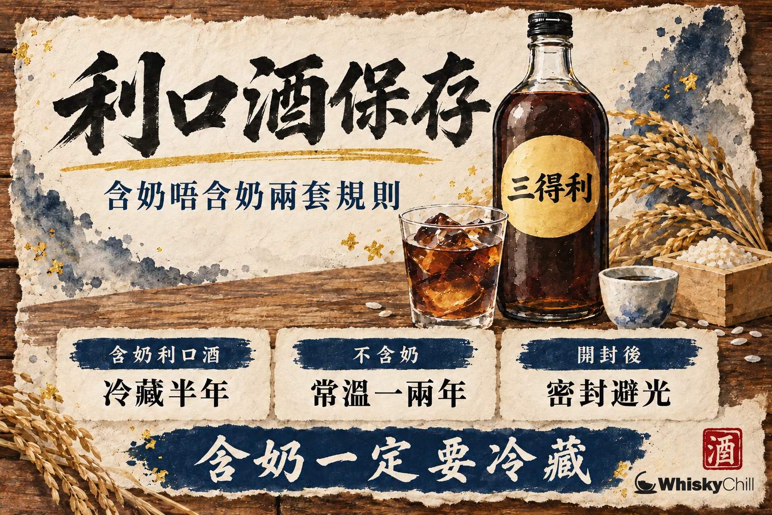廚房木櫃內直立擺放嘅君度橙酒、咖啡利口酒同一支 Baileys 忌廉酒,Baileys 旁邊放有一張寫住冷藏提示嘅便條
