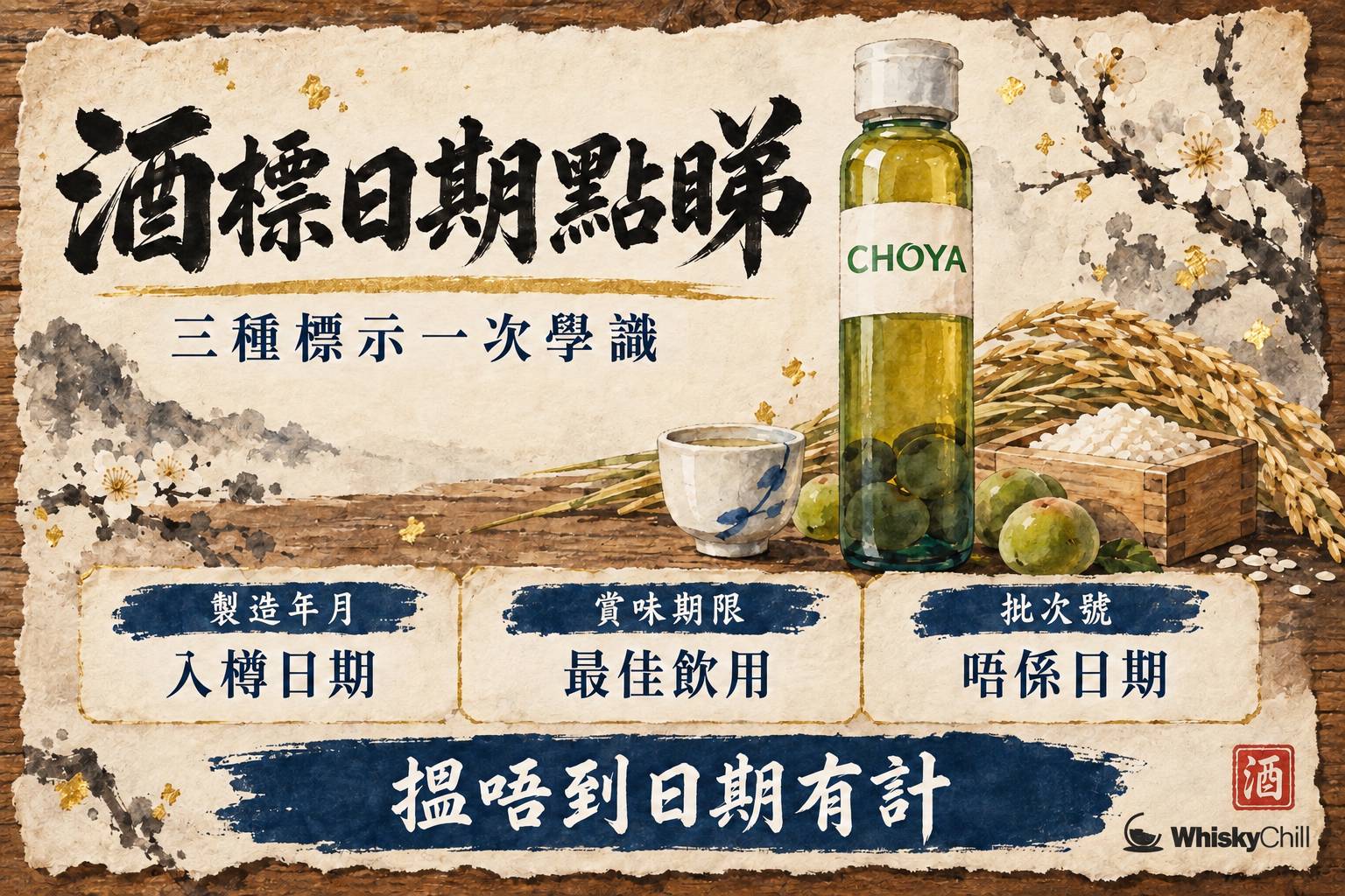 木桌上平放住清酒、威士忌同葡萄酒三種酒瓶嘅背標特寫,旁邊有一個放大鏡對準清酒樽上嘅製造年月噴碼