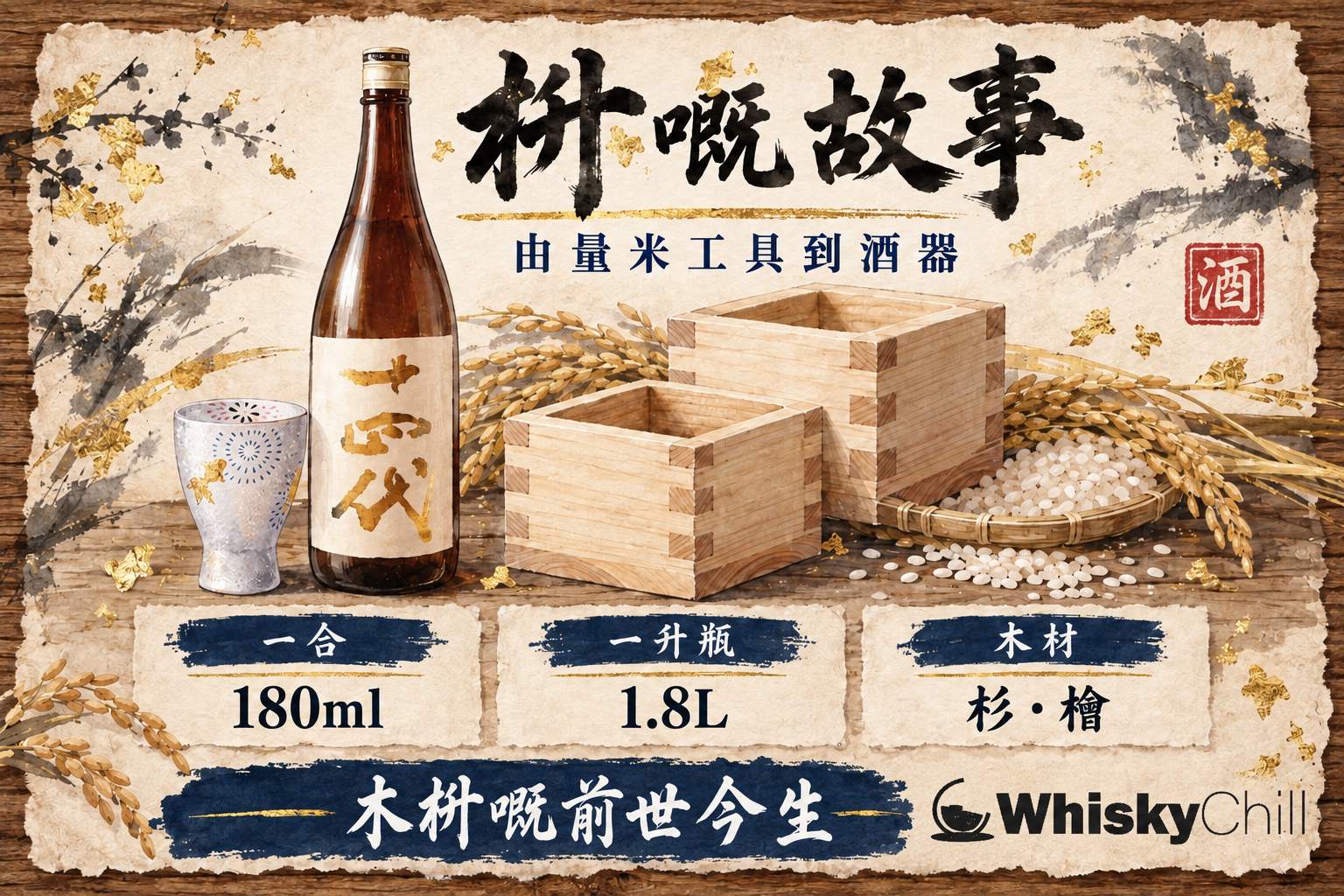 方形杉木枡盛滿清酒,木紋清晰,旁放一撮鹽與清酒瓶
