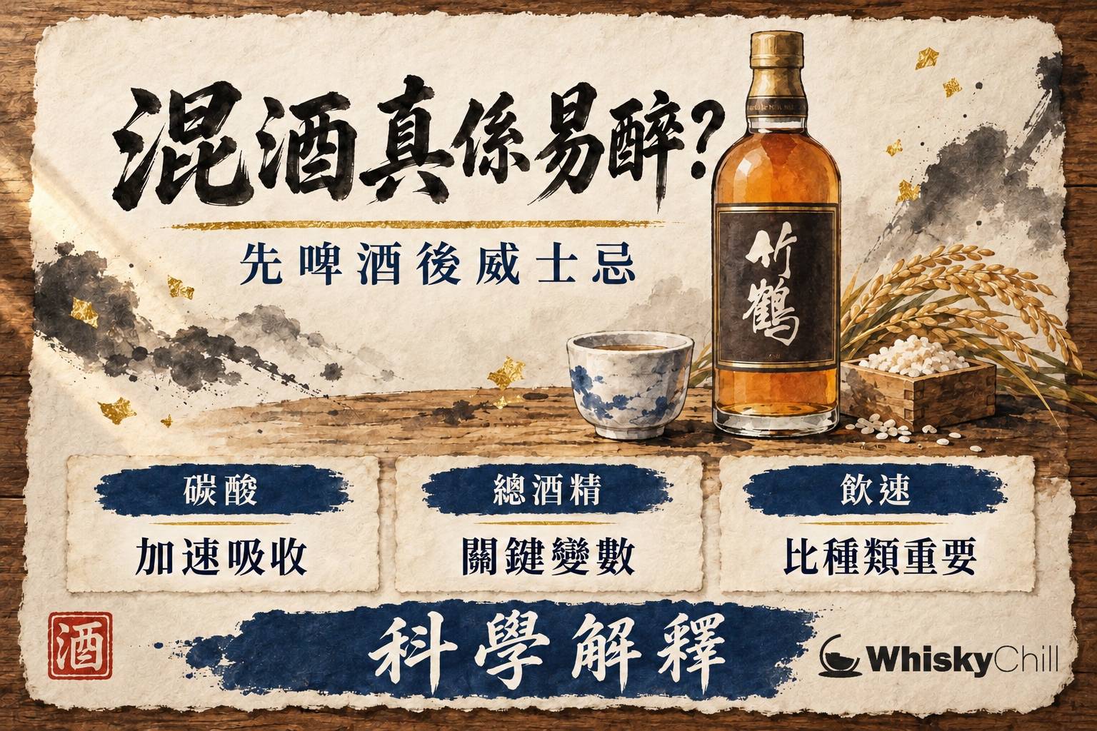 吧枱上並排啤酒杯、威士忌古典杯同調酒杯,冰桶與水杯在旁