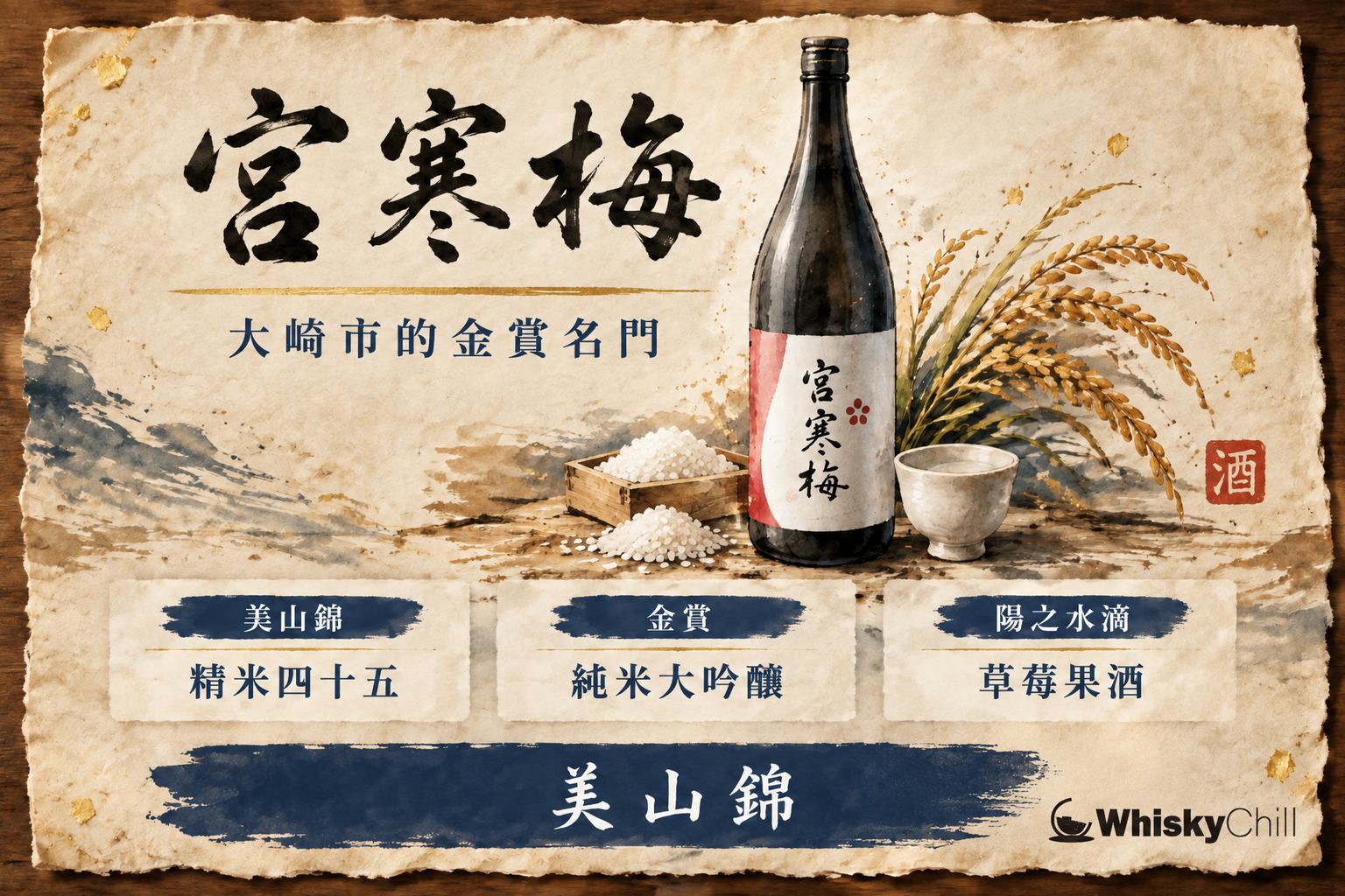 宮寒梅純米大吟釀美山錦金賞版與草莓酒並排,背景為宮城縣大崎平野稻田與冬梅意象