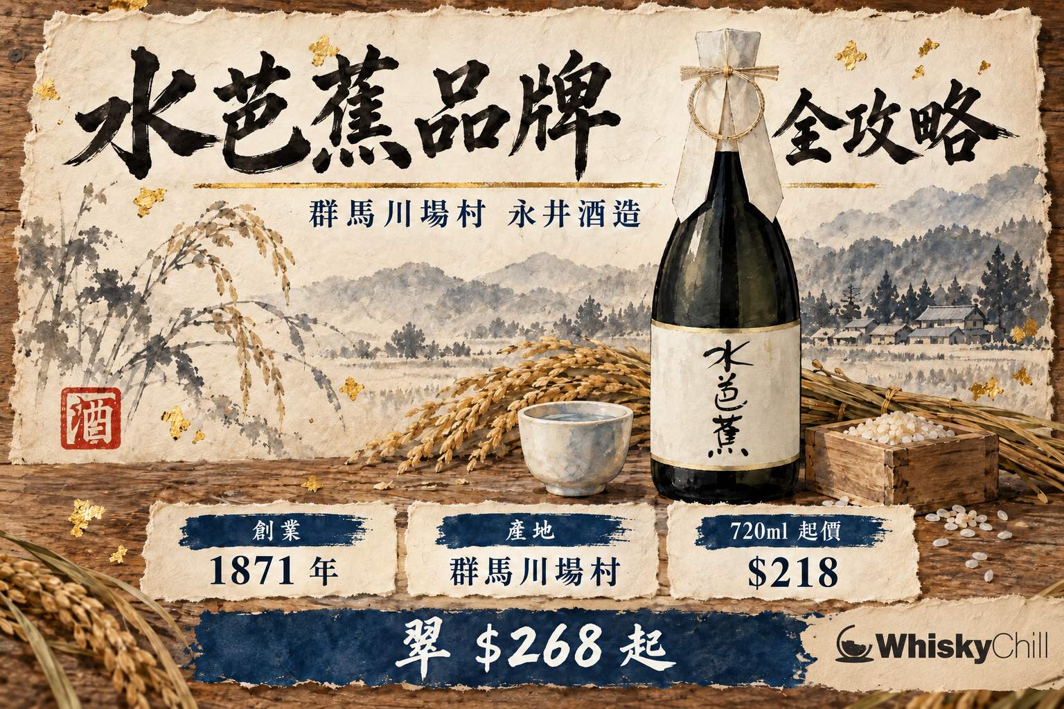 水芭蕉純米大吟釀、翠、MIZUBASHO PURE 氣泡酒等多支清酒並排,背景為群馬川場村尾瀨山景意象