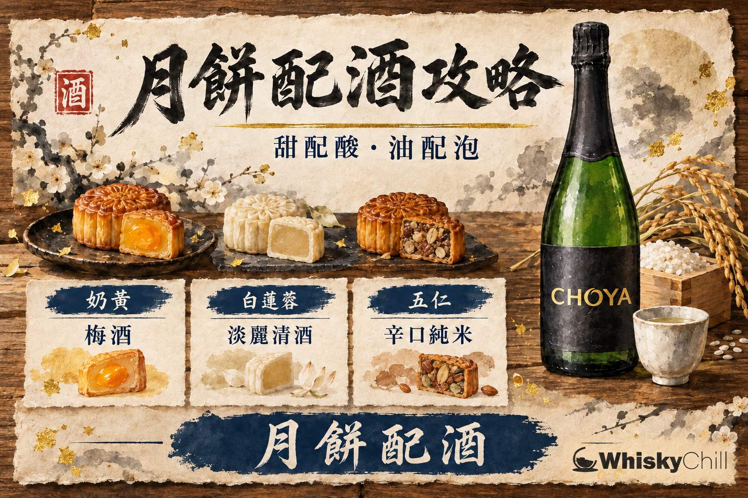 中秋賞月餐桌上嘅月餅配梅酒與氣泡清酒