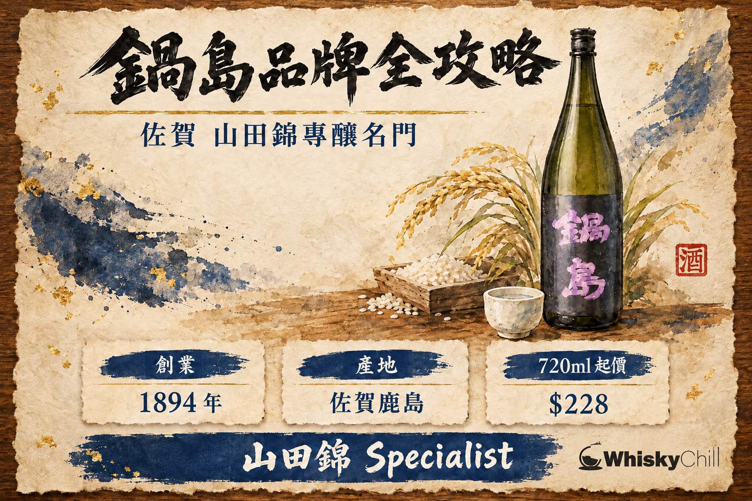 佐賀富久千代酒造鍋島清酒多支並排,酒標寫上山田錦與精米步合數字