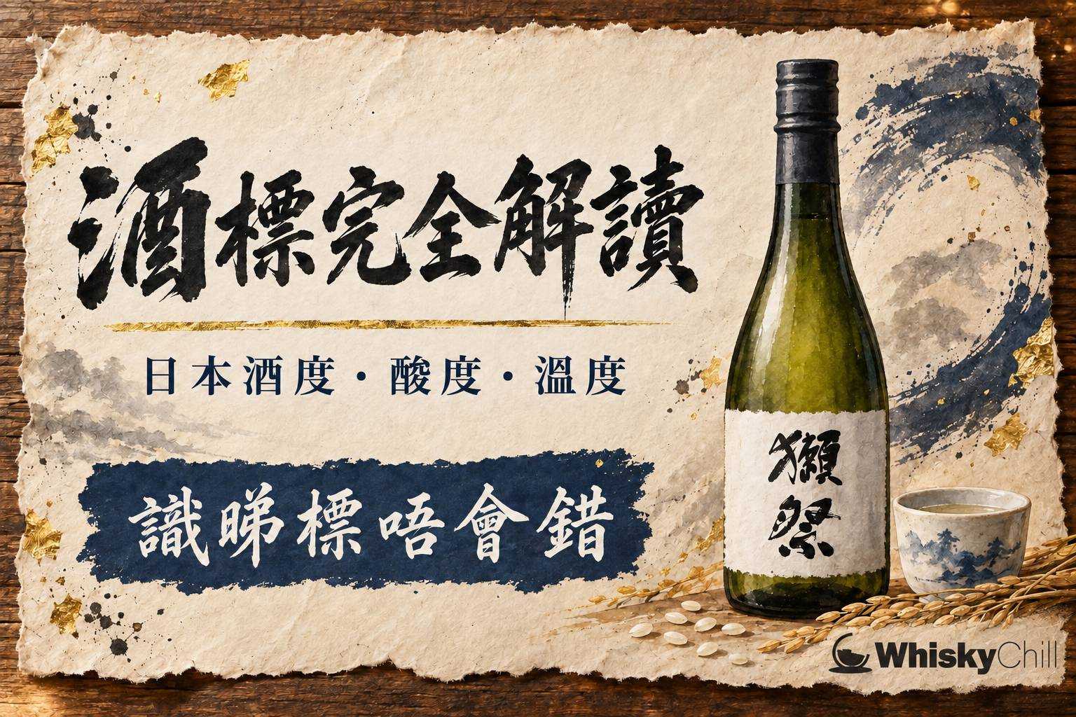 日本清酒酒標特寫與不同溫度下的酒杯排列,展示燗酒與冷酒對比