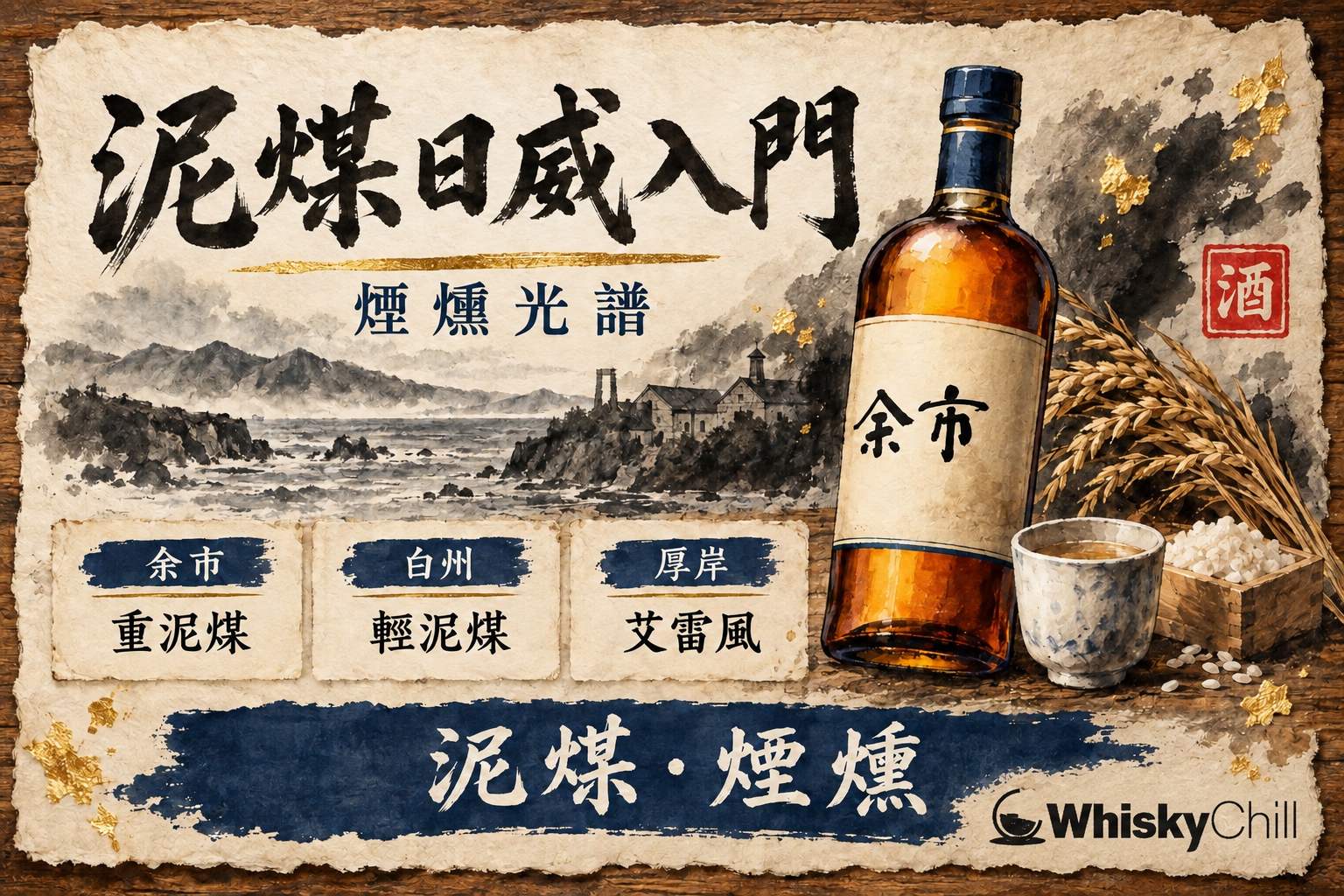 幾支泥煤日本威士忌排成一行,背景係裊裊輕煙同琥珀色酒液特寫