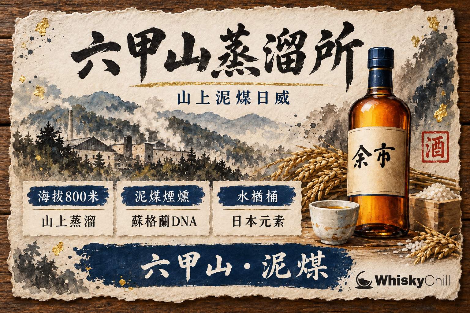 六甲山上嘅蒸溜所建築與山林雲霧,前景擺放泥煤風格日本威士忌酒瓶