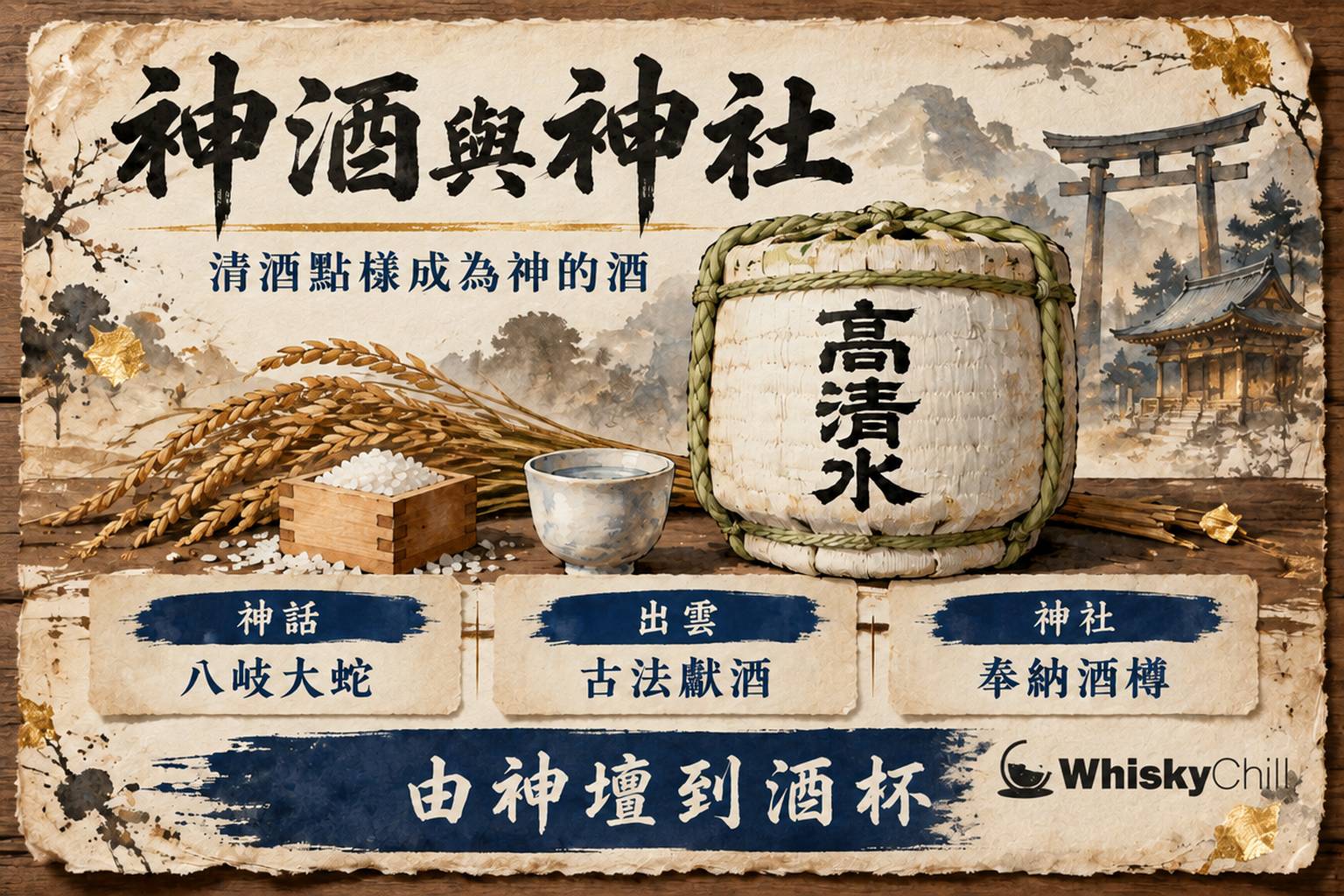 神社拜殿前供奉的御神酒酒樽與注連繩
