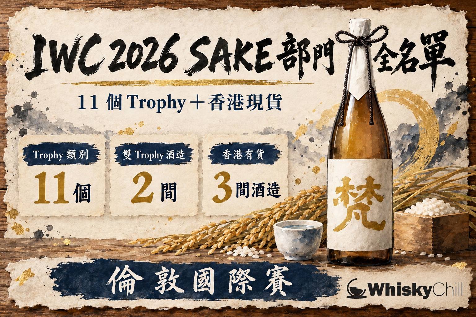IWC 2026 SAKE 部門 Trophy 名單——清酒杯同獎牌並排嘅頒獎情境