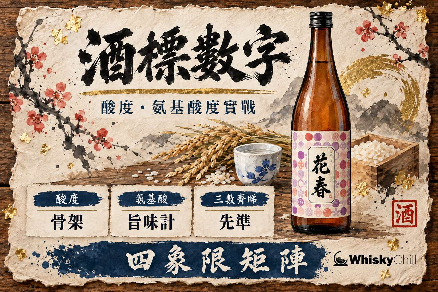 清酒酒標特寫,日本酒度、酸度、氨基酸度三個數字被圈出,旁放蛇目杯與筆記