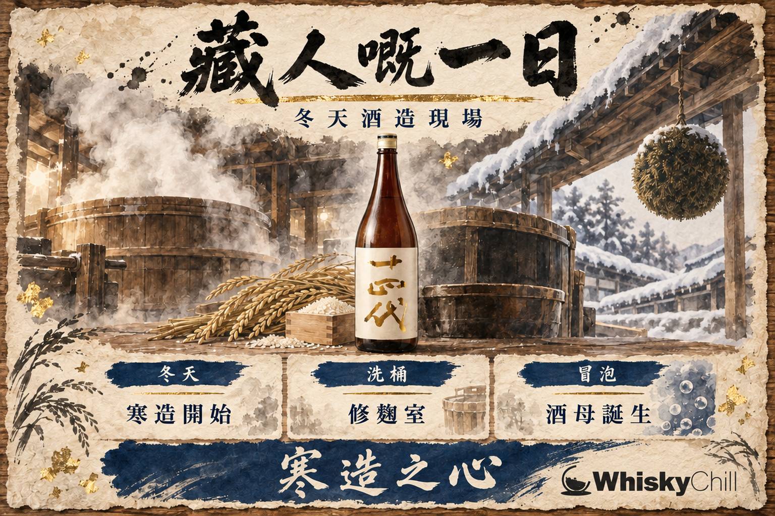 冬天酒造內藏人正喺蒸米甑前工作,白色蒸汽瀰漫