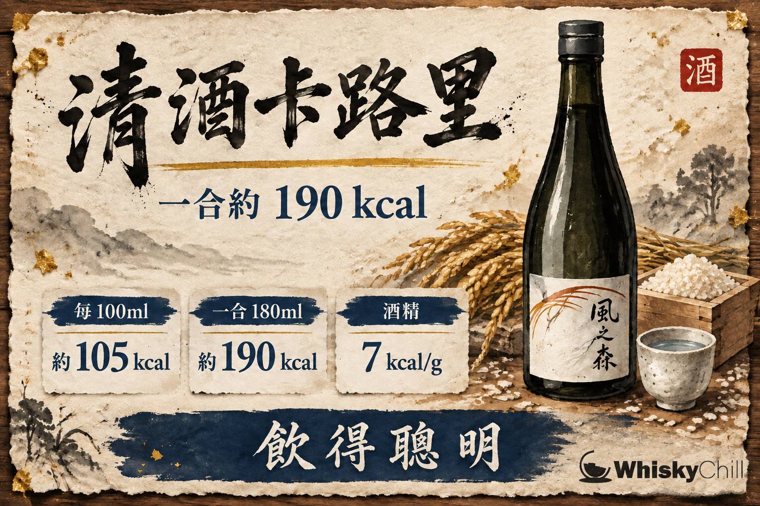 木枱上的清酒一合枡與玻璃杯,旁放卡路里數字標示卡與量杯
