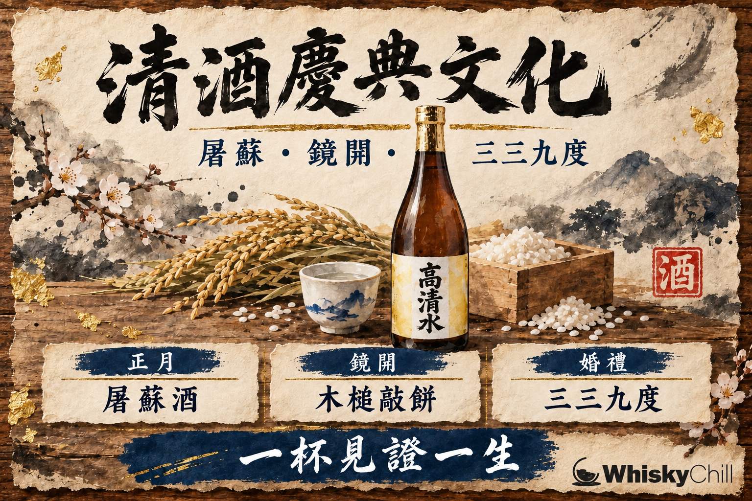 日本正月的屠蘇器三盃與鏡餅擺設