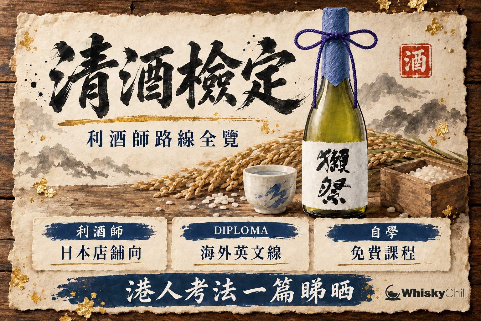 木桌上並排擺放數款細支裝清酒、試飲杯同筆記本,模擬清酒檢定嘅對比品飲練習場景
