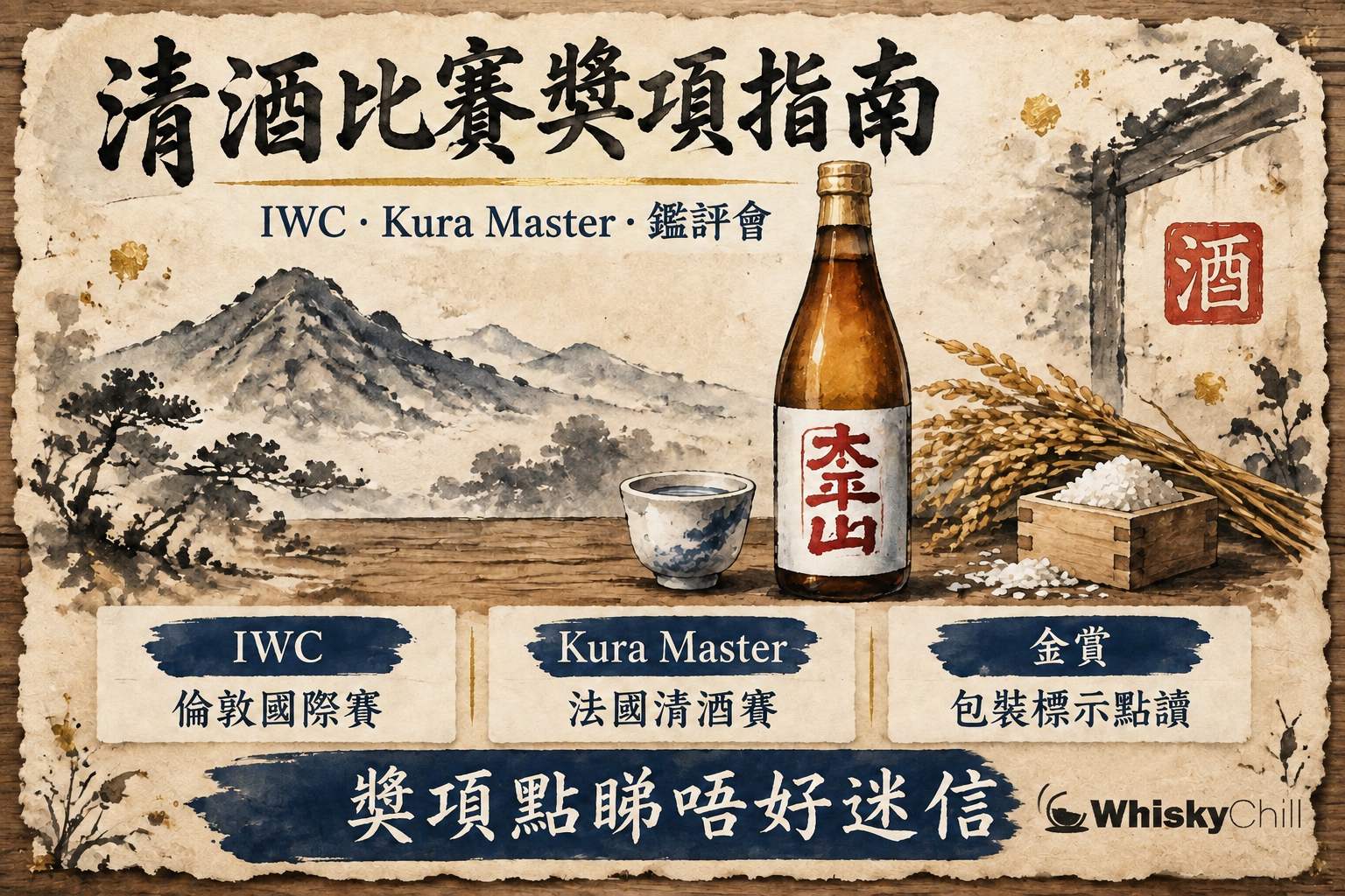 清酒獎項示意——酒架上貼有金賞標籤嘅清酒瓶同頒獎名冊並排