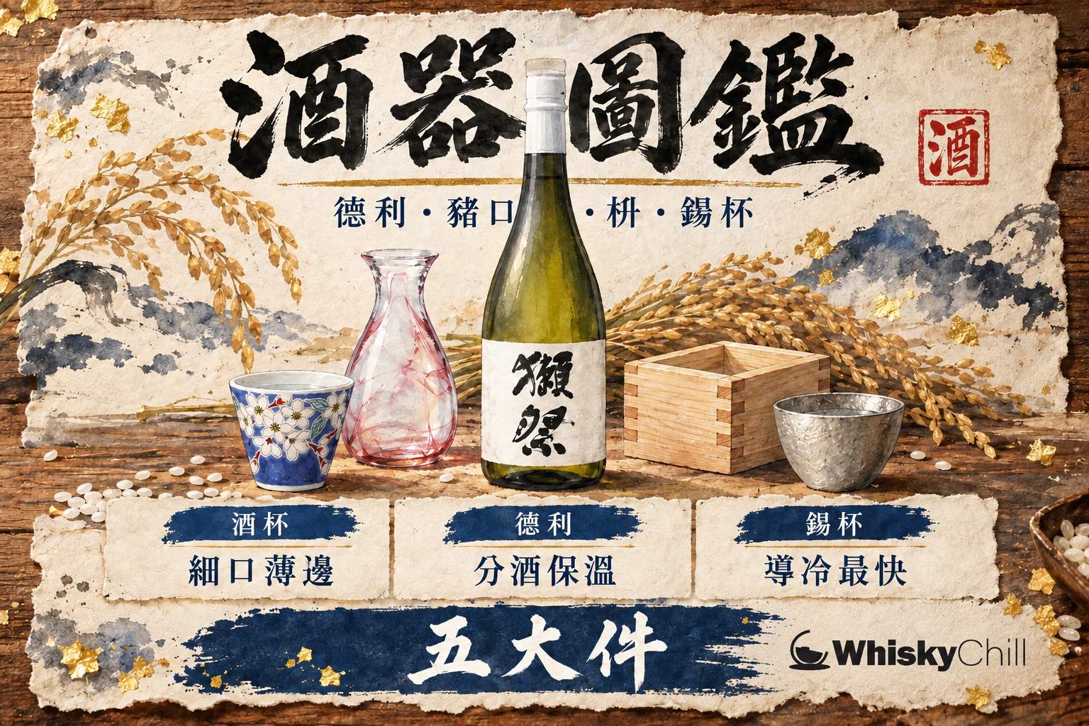 木枱上並排五款清酒杯,猪口、ぐい呑、玻璃德利酒壺、片口分酒器與杉木枡,旁邊放一隻純錫清酒杯