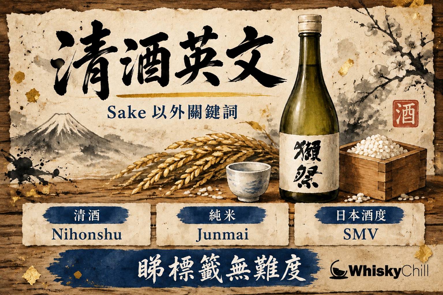 日本清酒瓶背標特寫,標籤上同時印有日文與英文 junmai daiginjo 字樣,旁放 tokkuri 酒壺與 ochoko 酒杯
