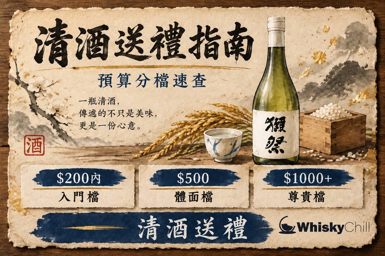 日式禮盒包裝嘅清酒放喺木桌上,旁邊有和紙同水引結