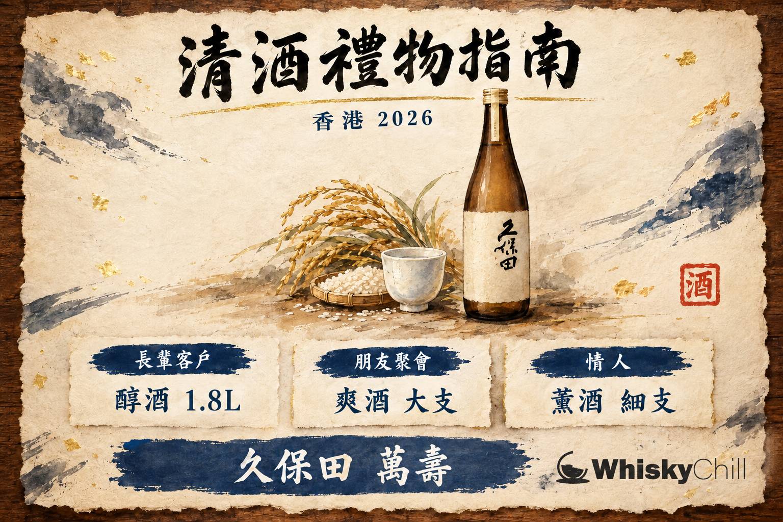 木枱上擺放住清酒禮盒、金色絲帶同兩個清酒杯,旁邊有賀卡同和紙包裝,暖色燈光嘅香港送禮場景