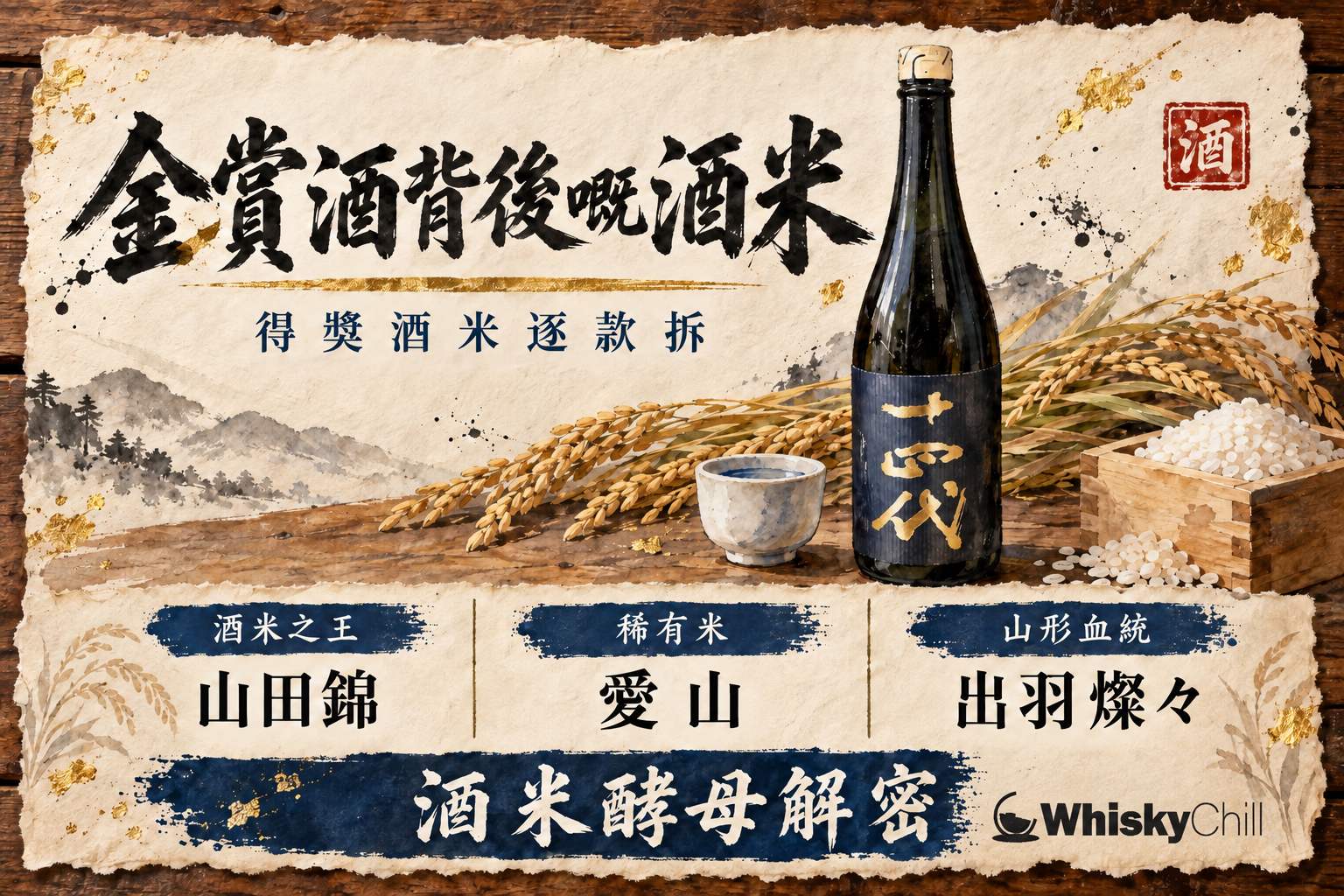 金賞清酒背後嘅原料——山田錦稻穗、酒米、酵母同得獎酒瓶並排嘅示意圖