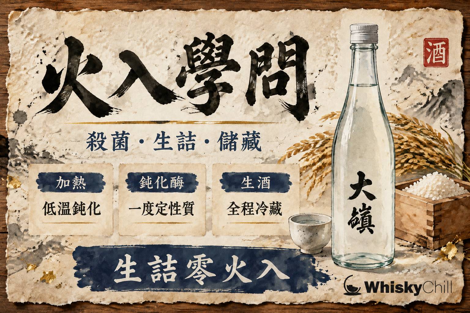 清酒火入工序示意——銅管加熱槽與冰鎮生酒杯並置