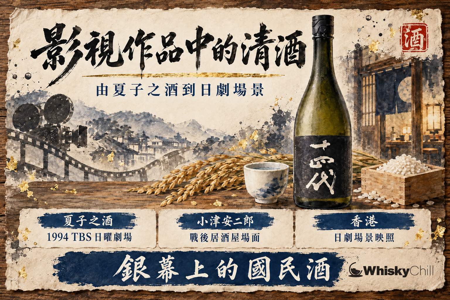 日式居酒屋吧台上一壺清酒與兩隻豬口杯,背景牆掛著播放中的電影畫面