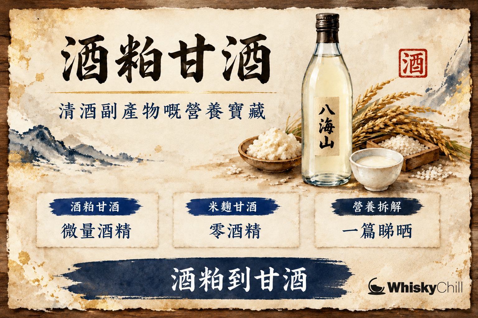 木碗盛載嘅白色酒粕與一杯溫熱甘酒,旁邊放有米麴同清酒瓶