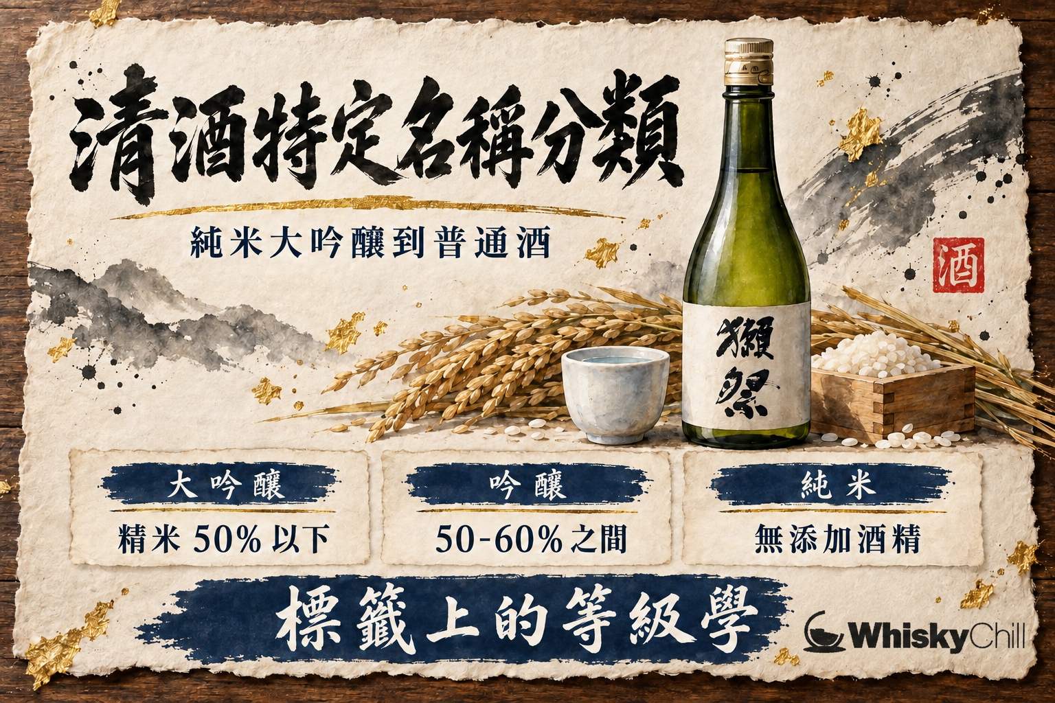 三支清酒並排企喺木桌,酒標正面朝前,分別展示純米大吟釀、純米吟釀同本釀造字樣