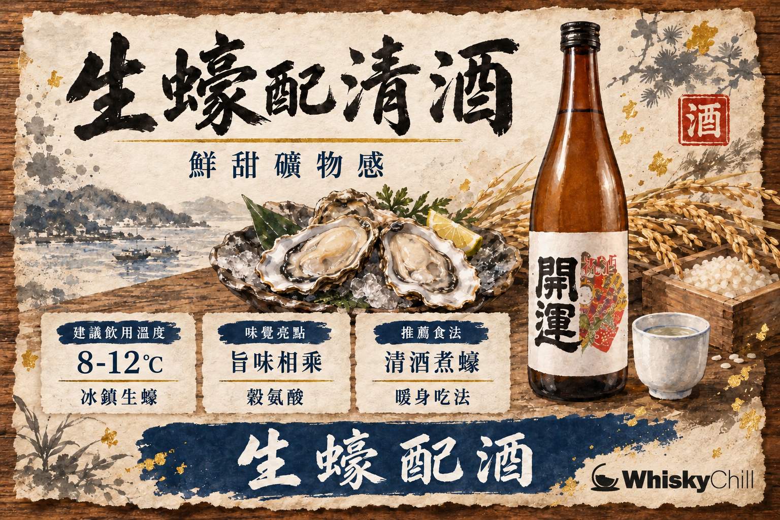新鮮開好嘅生蠔放喺碎冰碟上,旁邊有一支冷藏清酒同小酒杯,配以昆布同檸檬角